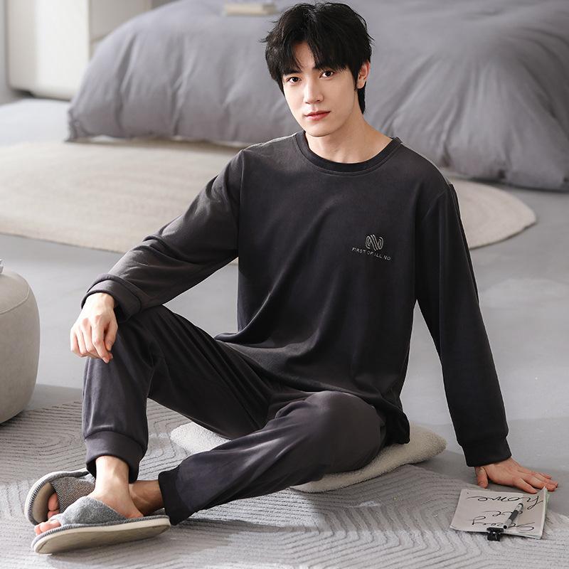 Autumn And Winter Coral Fleece Pajamas Men'S Fleece Pullover To Keep Warm Green Island Fleece Loungewear Thin Suit Spring And Autumn