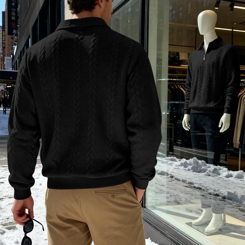 2026 Men's Heavyweight Textured Lapel Zip Polo Sweatshirt for Spring/Autumn