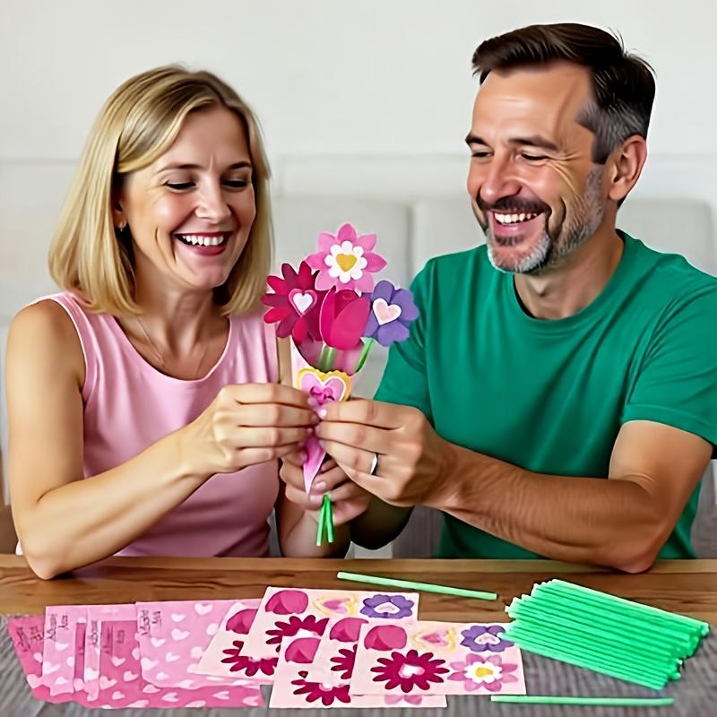 74 Mixed Packs Valentine's Day Pink Bouquet Card Handmade Set Including 50 Pipes and 12 Flower Cardboard Love Cardboard Bouquet Handmade Set