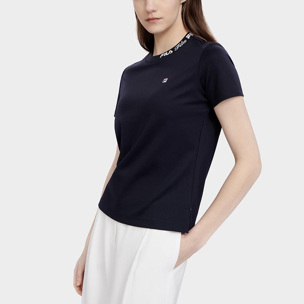FILA Classic Business Knitted Double-Sided Jacquard Round Neck Short Sleeve T-Shirt Women Tops Legendary-Blue F11W321103FNV