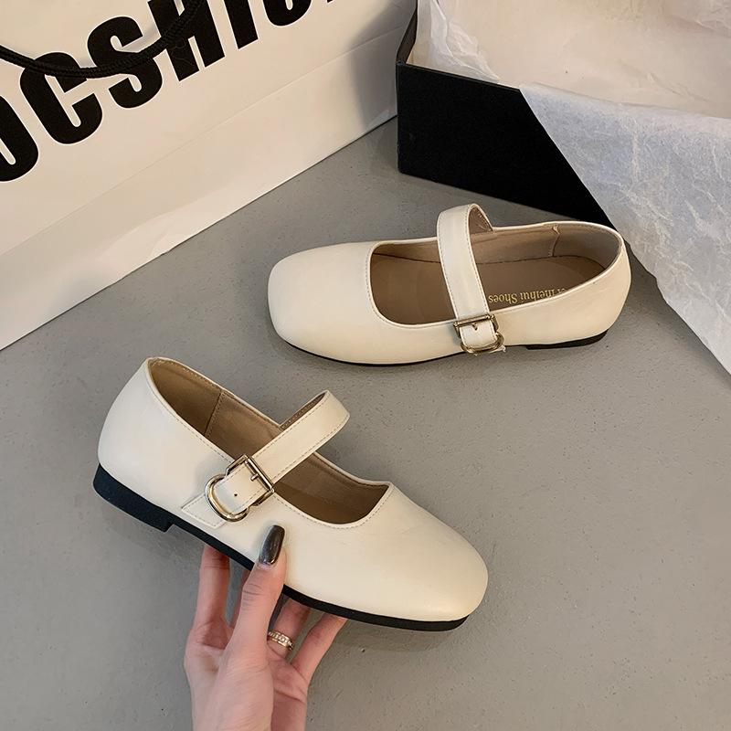 Shallow mouth 2025 spring new one-word belt versatile square head soft sole small leather shoes women