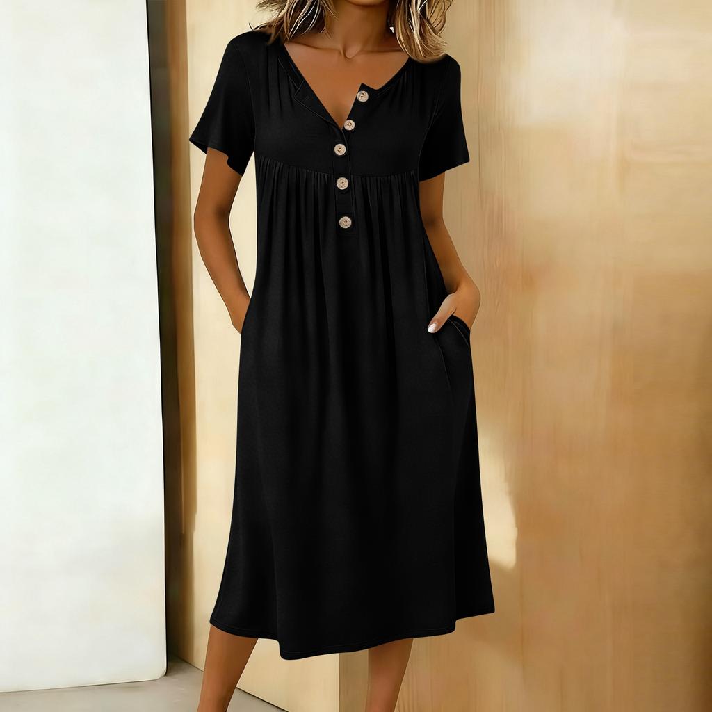 Women's Fashionable Color Round Neck Short Sleeved Button Neck Mid Length Casual Dress