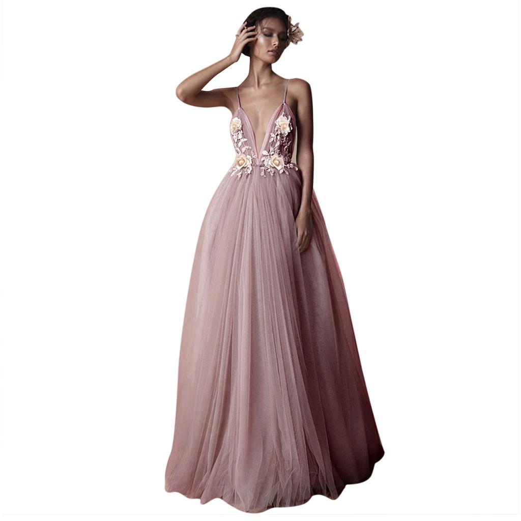 Women's Sexy Suspender Open Back Wedding Party Wvening Dress