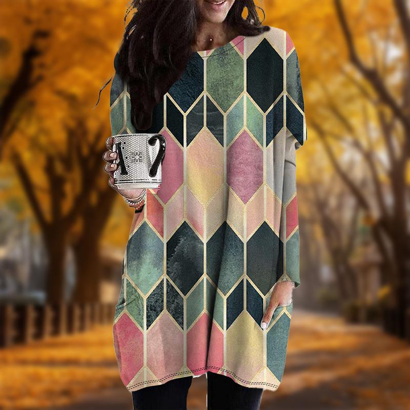 Neu Herbst Edelstein Print Übergröße Kleid Damen O-Ausschnitt Lange Ärmel Lässig Taschen Kleider