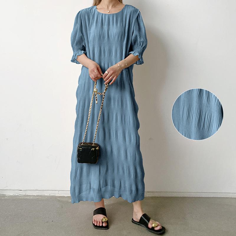 

Женское нежное и элегантное плиссированное фактурное длинное платье-фонарик с короткими рукавами One size