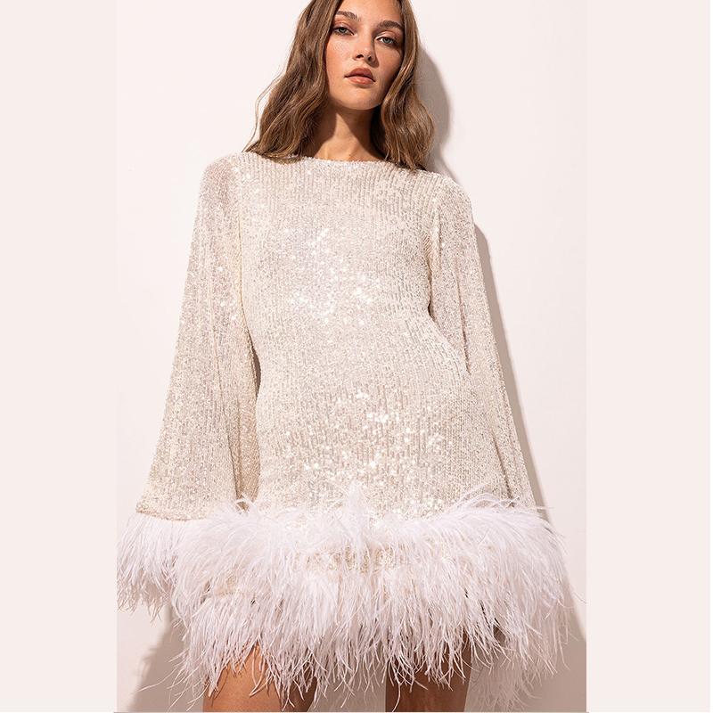 Pailletten Fransen Rückenfreies Frauen Kleider Langarm Schlank Solide Weibliche Kleid Herbst Shinny Party Damen Mini Robe