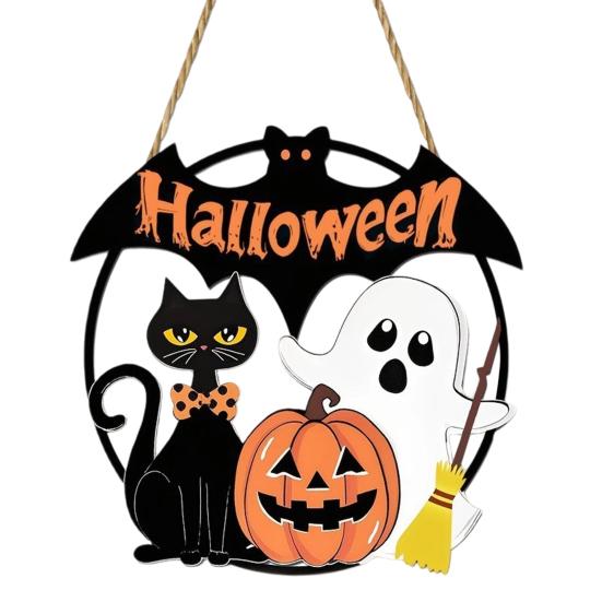 Weather Resistant Halloween Props Wood Hanging Ornament with Ghost Pumpkin Bat Cat Prints, Durable Ornaments Waterproof Front Door Sign for