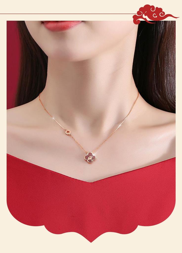 Tichya Four-Leaf Clover Necklace In Sterling Silver with Rose Gold and Red Agate Pendant for Women.