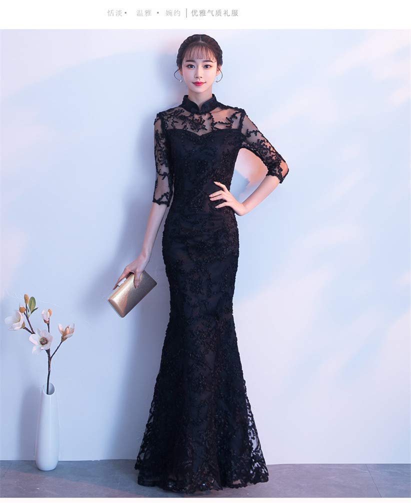 New Wedding Red Long Fishtail Slim Fit for Banquets [YUANYUAN] Autumn/Winter Cheongsam, Dress, (Black, XL)