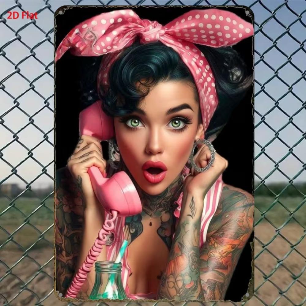 Vintage Pinup Girl in Red Polka Dot Dress Retro Metal Tin Sign Wall Art Decor