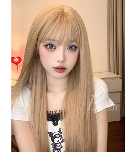 Eileen Women's Semi-Long Beige Wig, Straight, Natural, Harajuku Style, Popular, Slimming Effect, Cute, with Net