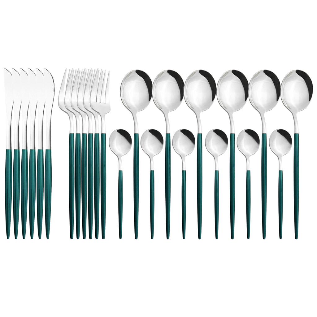 24pcs Black Gold Cutlery Set Mirror Stainless Steel Dinnerware Set Knife Fork Spoon Tableware Flatware Set Dishwasher Safe Kitchen Wedding Accessories