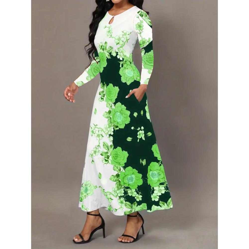 Women's Long Sleeve Round Neck Printed Pocket Long Elegant Dress