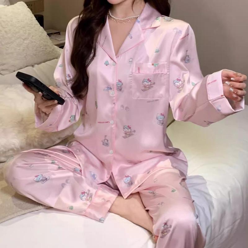 Ice Silk Long-Sleeved Women'S Pajamas Cute Cartoon High-End Silk Loungewear Two-Piece Set