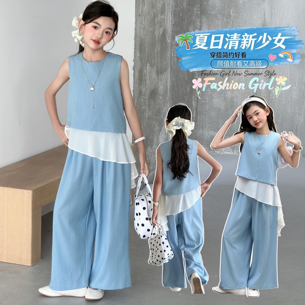 Girls' Set 2026 Summer New Children's Casual Sleeveless Patchwork Top Korean Wide Leg Pants Two-Piece Set Summer