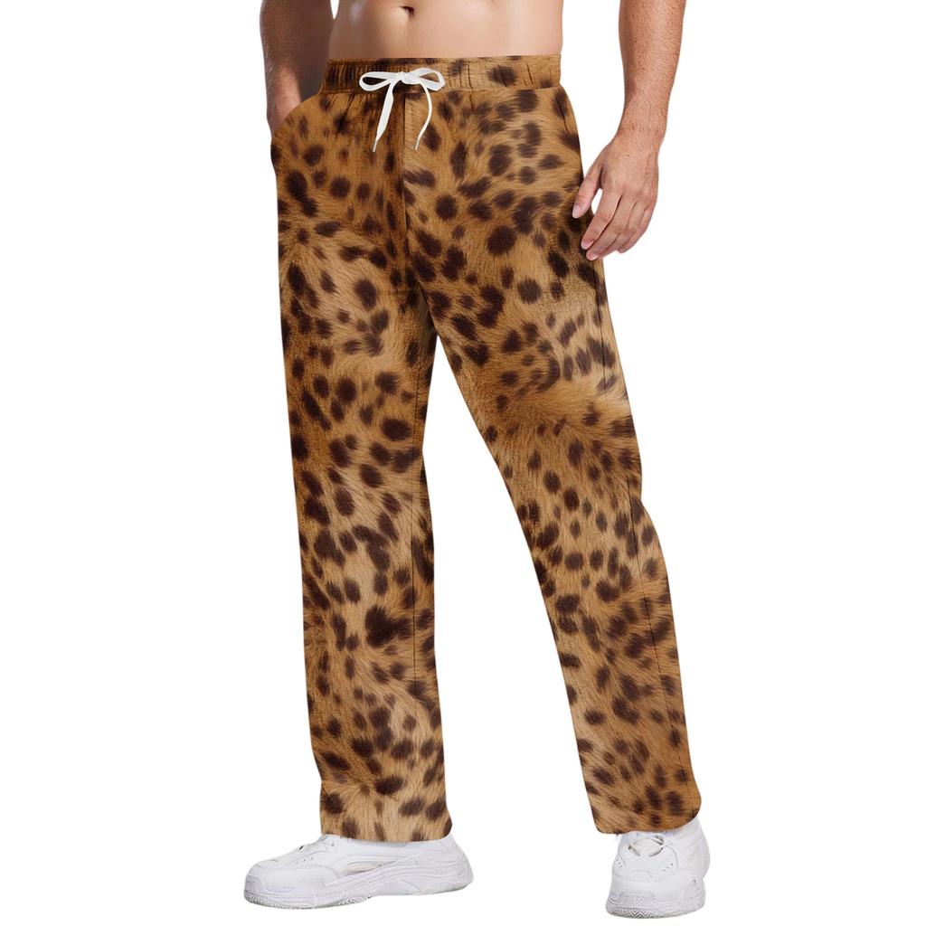 Men's Loose Fit Casual Leopard Print Pants Drawstring Waist Breathable Athletic Long Trousers for Daily Wear and Sports