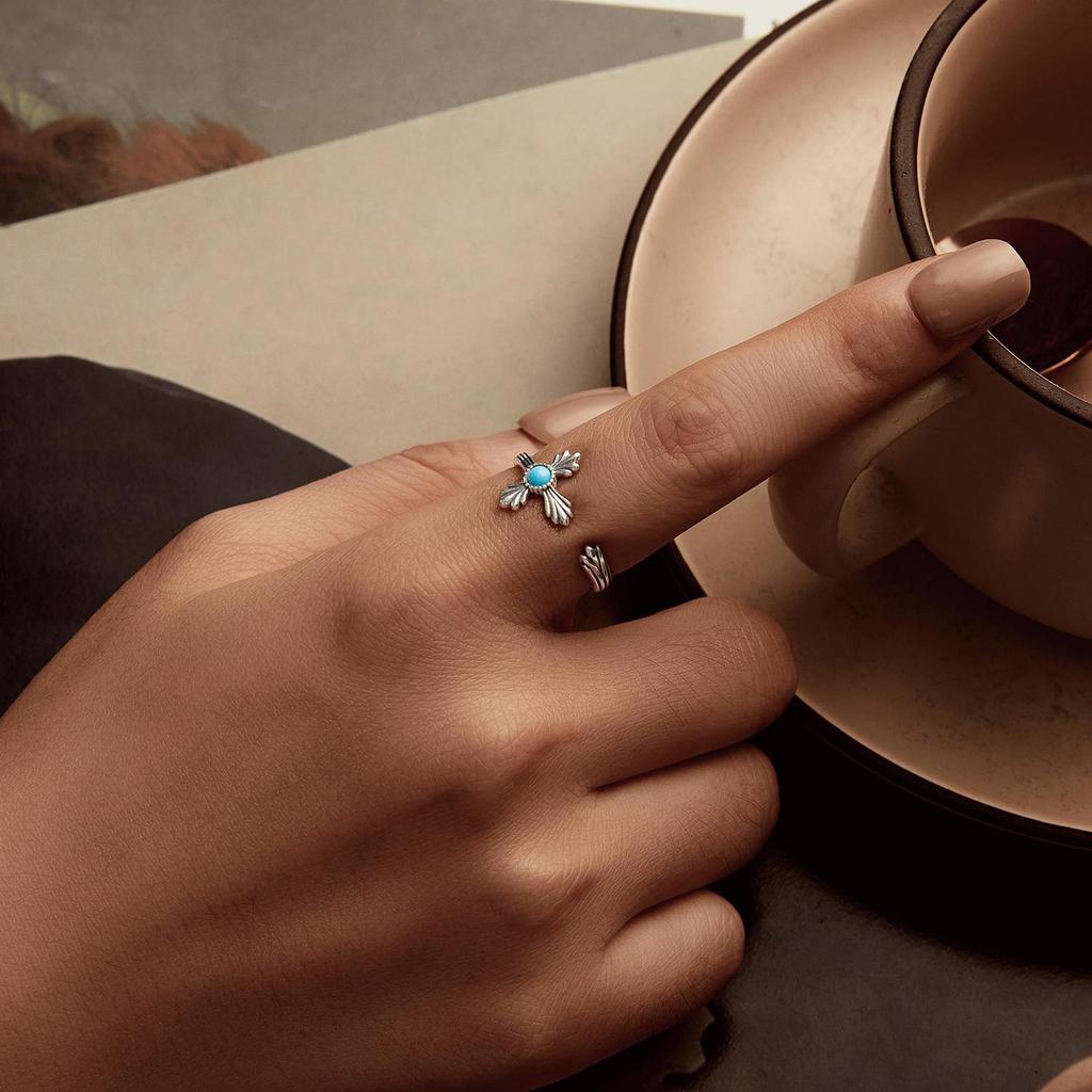 Vintage Turquoise Cross Open Ring S925 Sterling Silver Oxidized Women's Jewelry Adjustable Rings