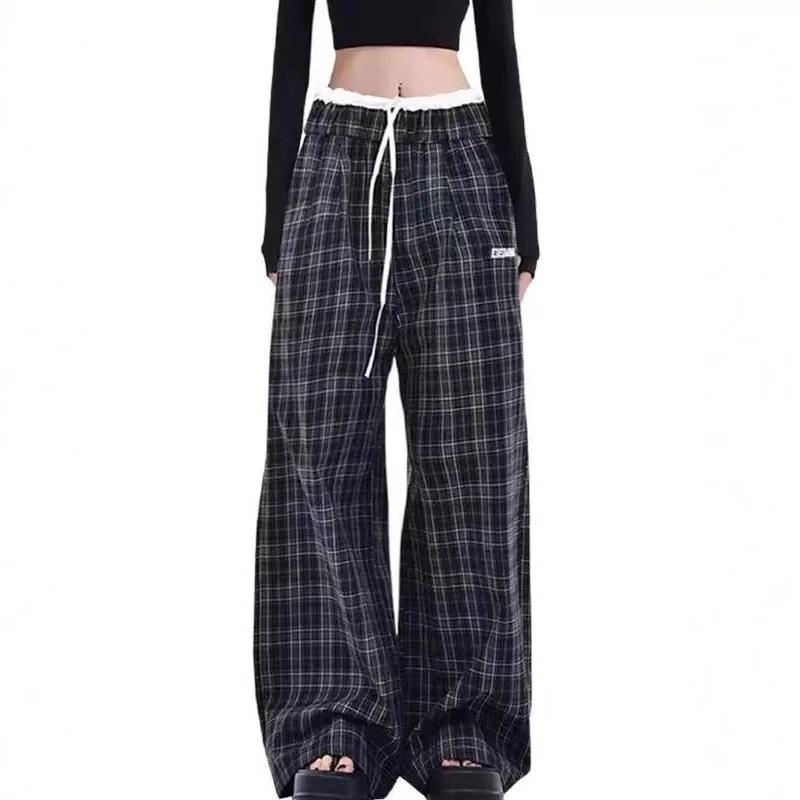 Women's High Waist Retro Patchwork Plaid Wide Leg Pants - Loose Casual Floor-Length Trousers