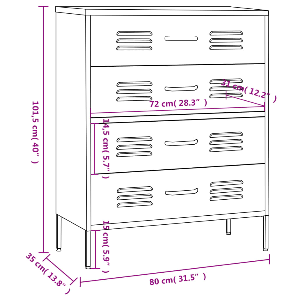 Black Chest of Drawers 80 x 35 x 101.5 cm Steel
