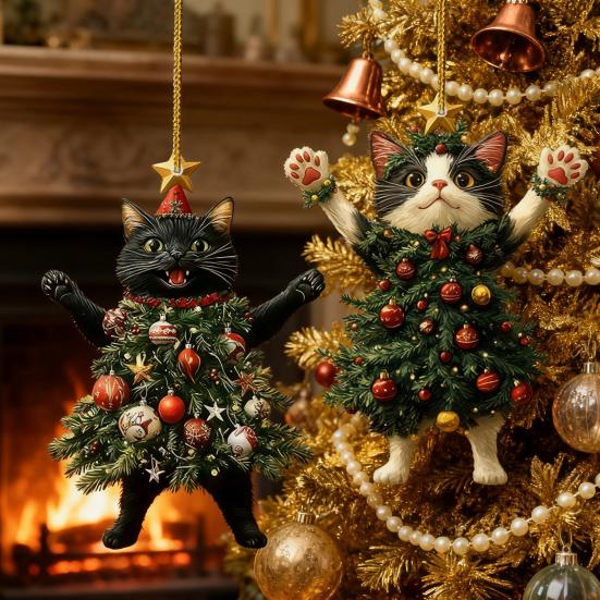 Weihnachtskatze im Weihnachtsbaum Acryl Hängeornament 2D Flach Auto Rückspiegel Anhänger Weihnachtsgeschenke für Katzenliebhaber