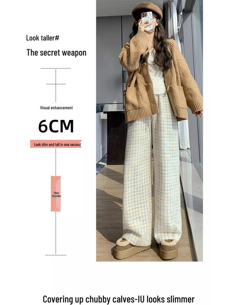 Petite Houndstooth Wide-Leg Pants: Women's Autumn Winter High-Waist Slimming Plaid Knit In Mink, Size XS.