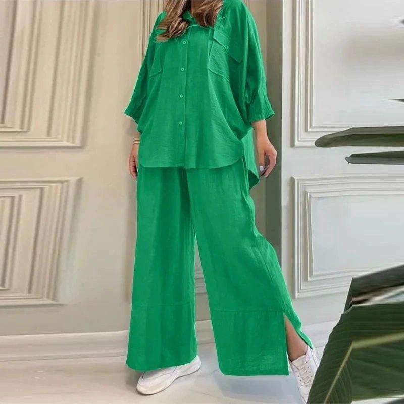 Women's Two-piece Long-sleeved Shirt Solid Color Pants Wide-leg Suit