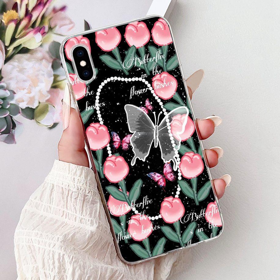 Per iPhone X XS Custodia Popolare Fiore Farfalla Morbido Trasparente Silicone Sottile Cover Posteriore Per iPhoneXS Max XR Custodia iPhoneX Bumper