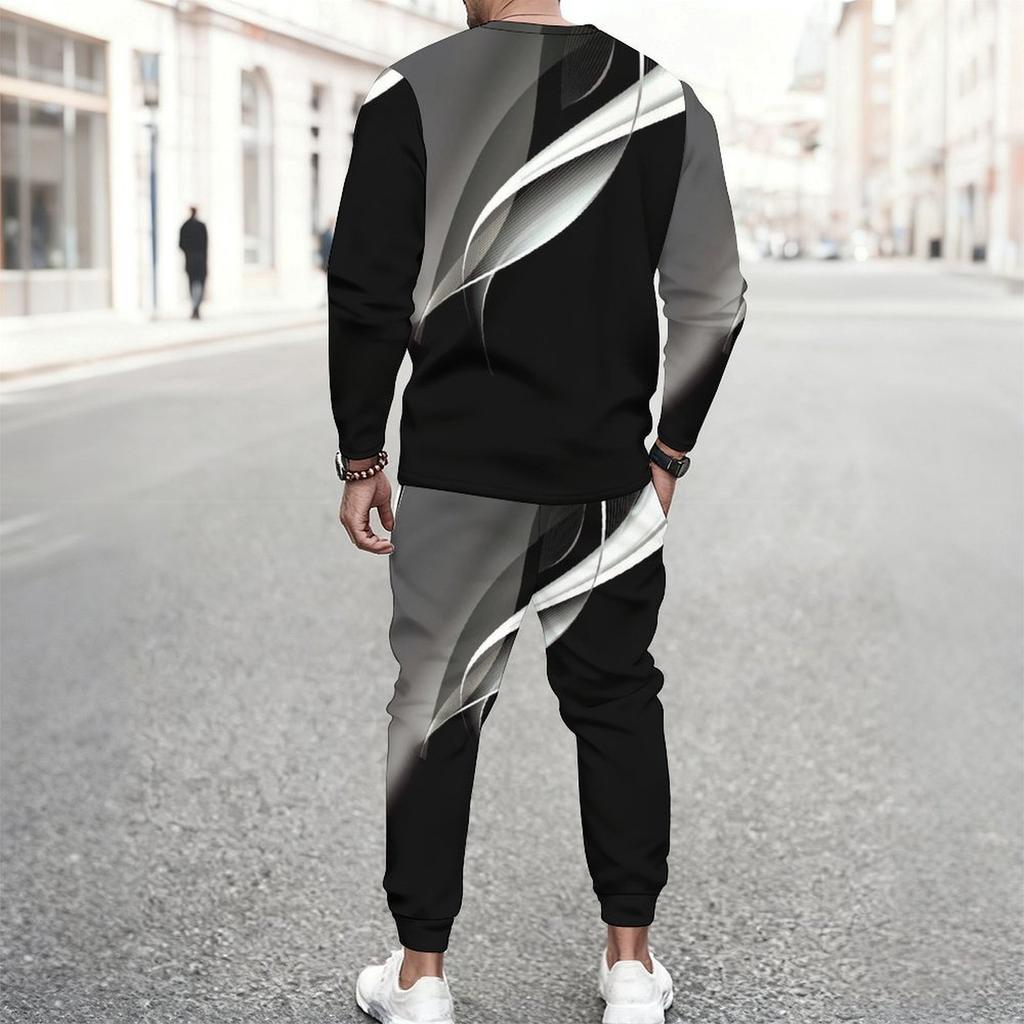 Men Black White Abstract Curve Line Print Long Sleeve Sweatshirt Jogger Pants Two Piece Suit