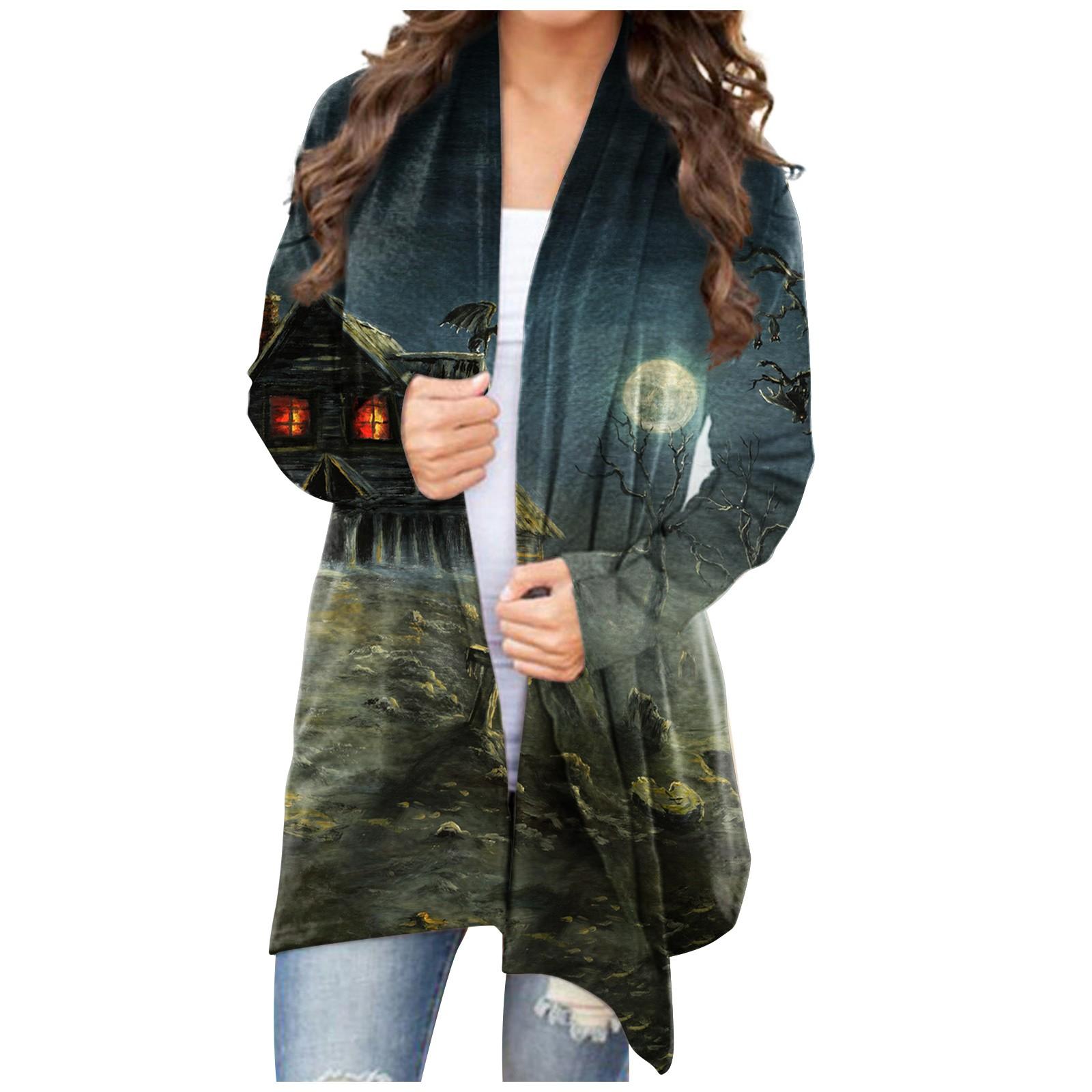 

Женский кардиган, свободное повседневное верхнее пальто с карманами и длинными рукавами с принтом Хэллоуина L