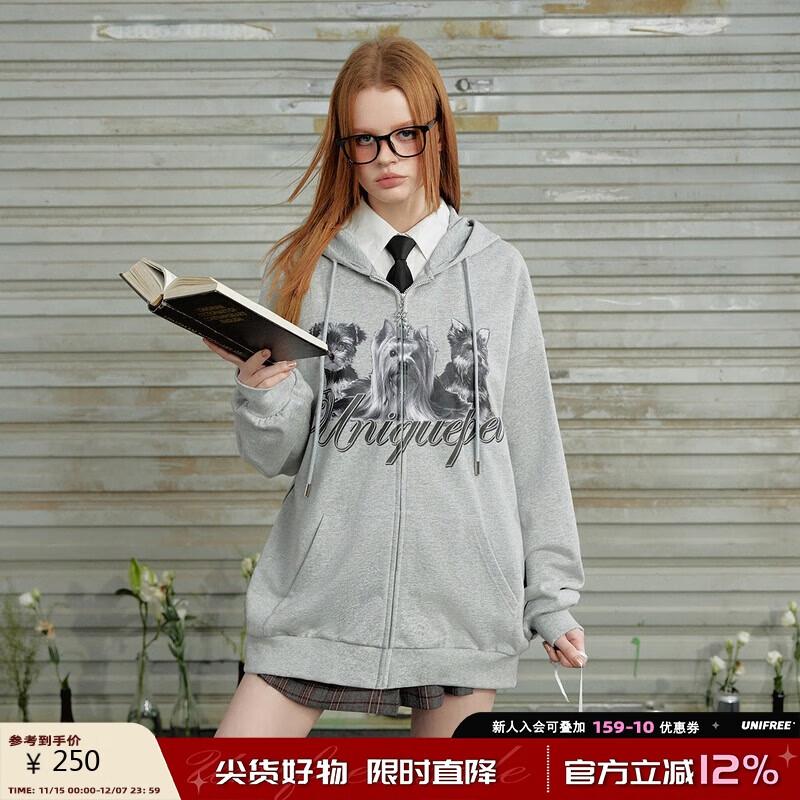 

UNIFREE Women s Retro Dog Print Double-Zip Hooded Sweatshirt S