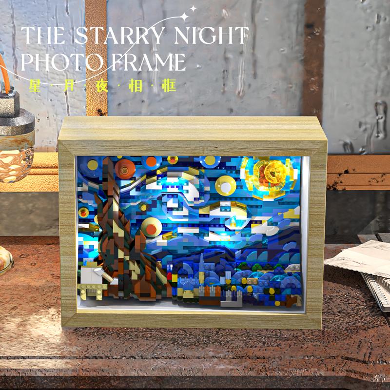 Creative Starry Moon Night Photo Frame 3D Micro Building Block World Famous Painting Ornament Brick With Lighting Kids Gifts Toy