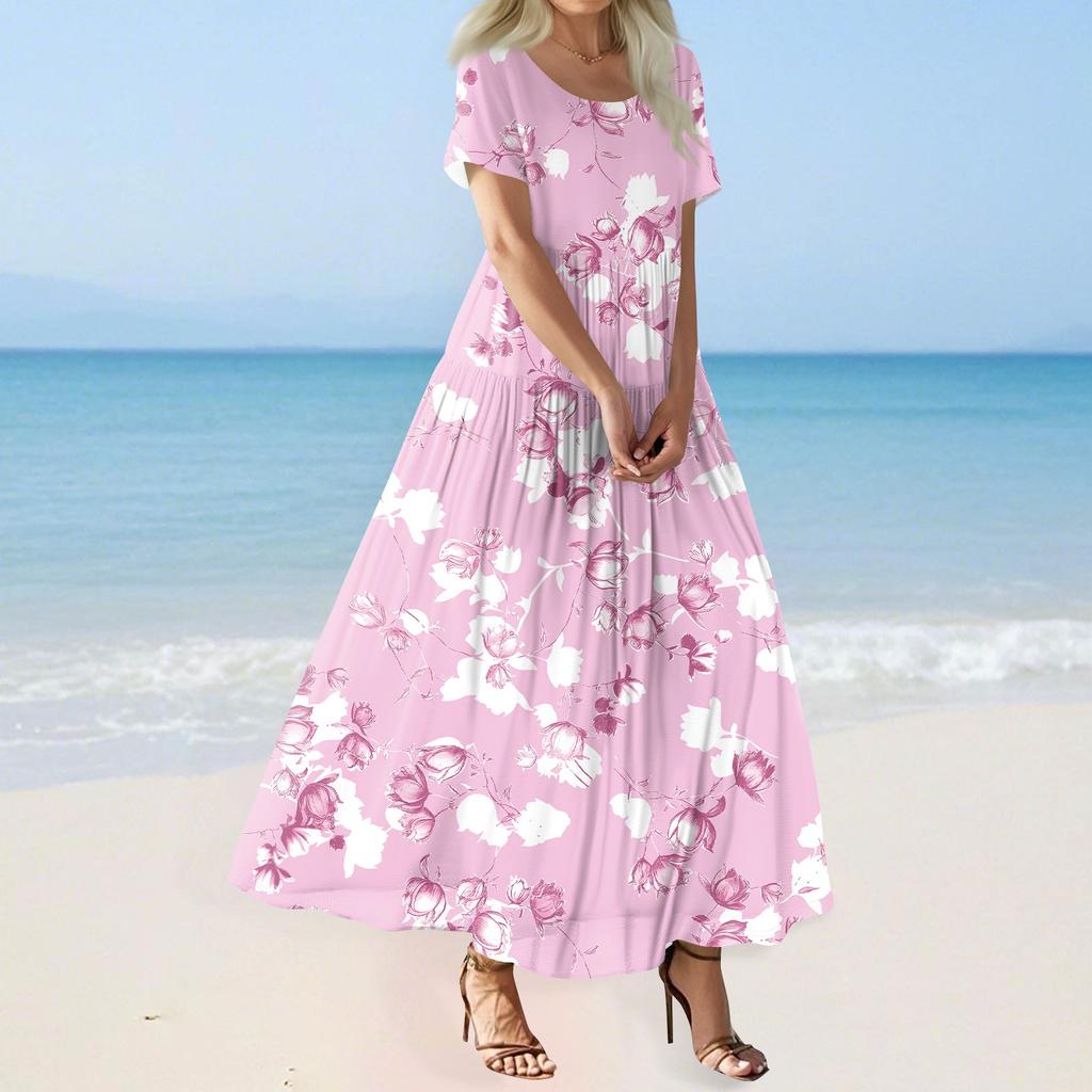 Women's Summer Casual Floral Print Short Sleeve O Neck High Waist A Line Tiered Flowy Boho Maxi Dress