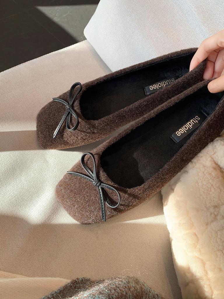 Wool version~ Grape mother has the same versatile autumn and winter bow woolen plush warm shallow mouth ballet single shoes for women