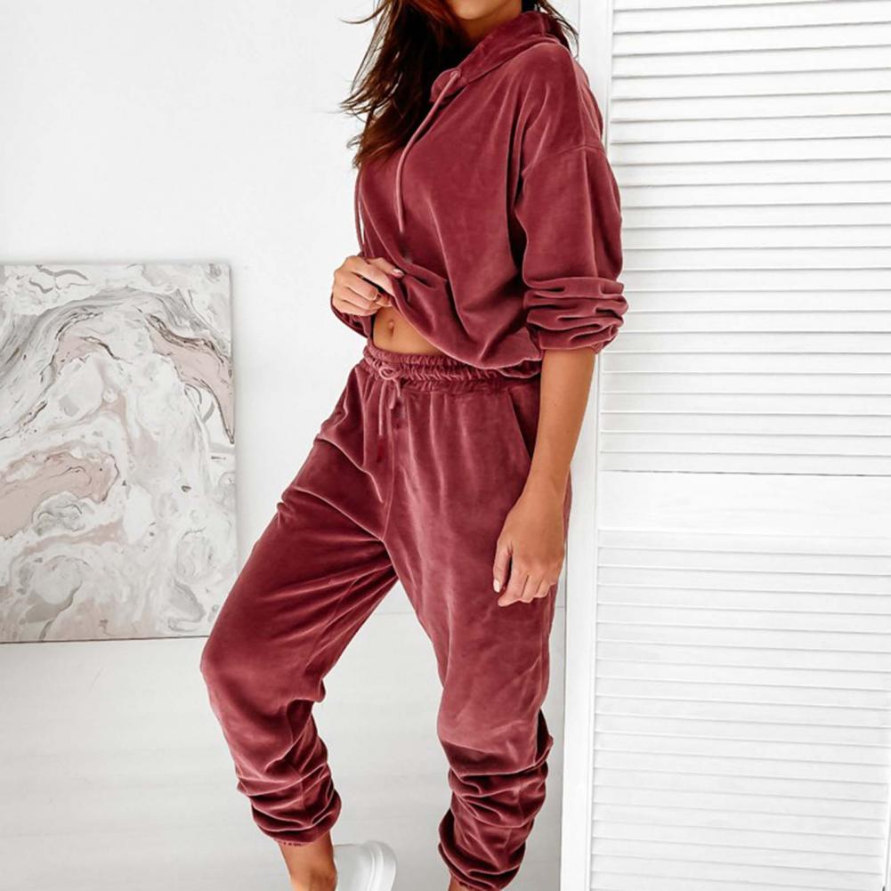 1 Set Sweatshirt Sweatpants Solid Color Elastic Cuff Autumn Winter Thick Warm Pullover Pants for Daily Wear