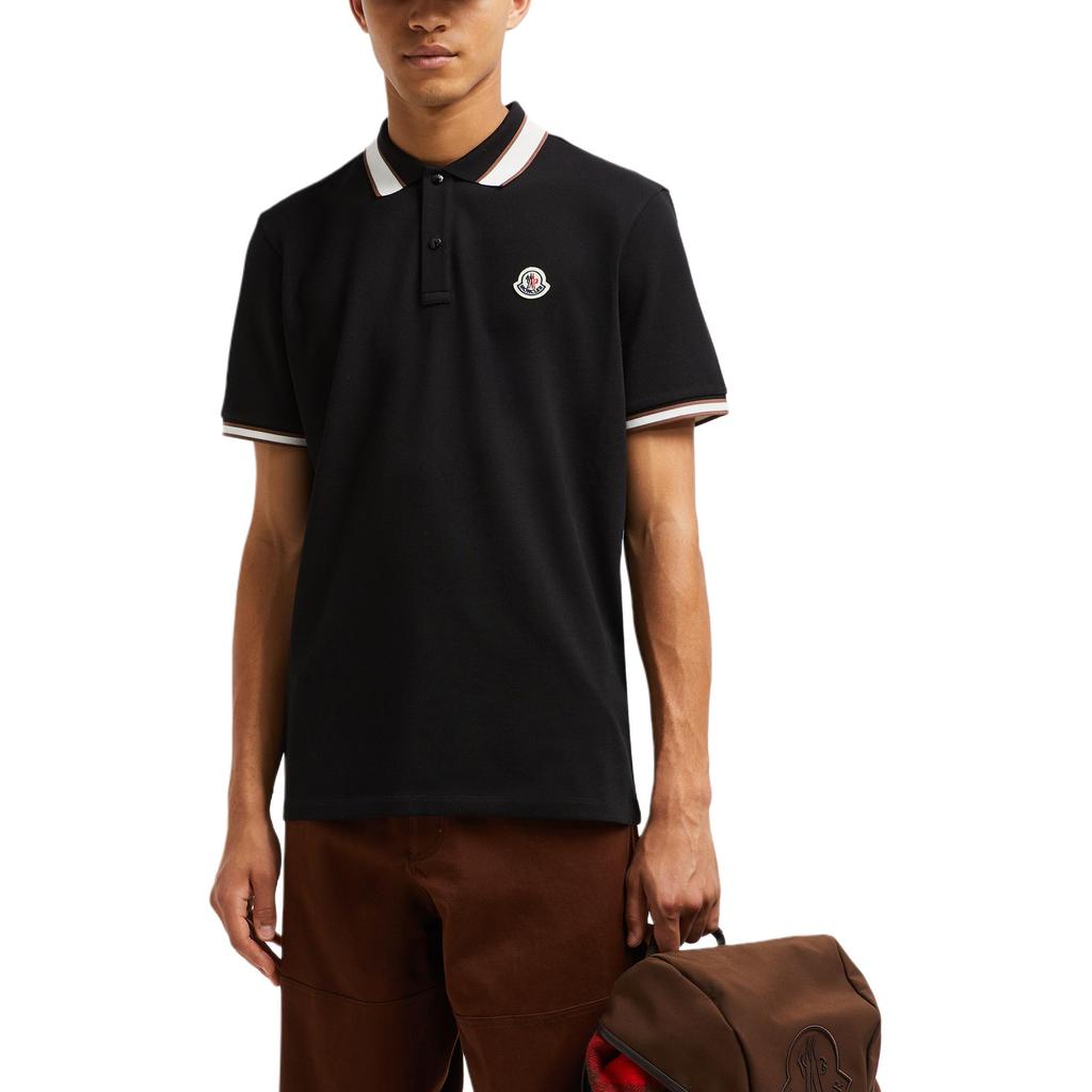 Moncler Logo Striped Trim Short Sleeve Polo Shirt Men Polo Shirts Black J20918A0001889A16999