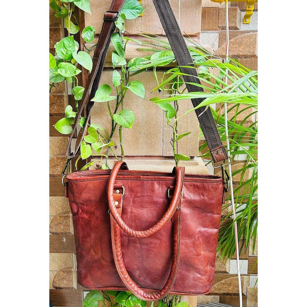 Premium Leather Hand Crafted Front Two-pocket Tote Bag for Women