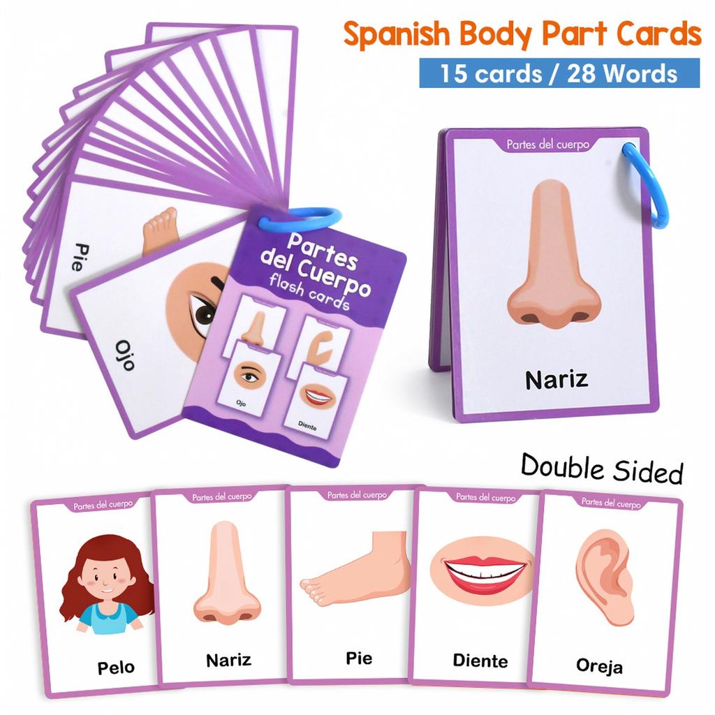 Spanish Body Parts Flashcards, Vocabulary Learning Cards for and Homeschool Practice
