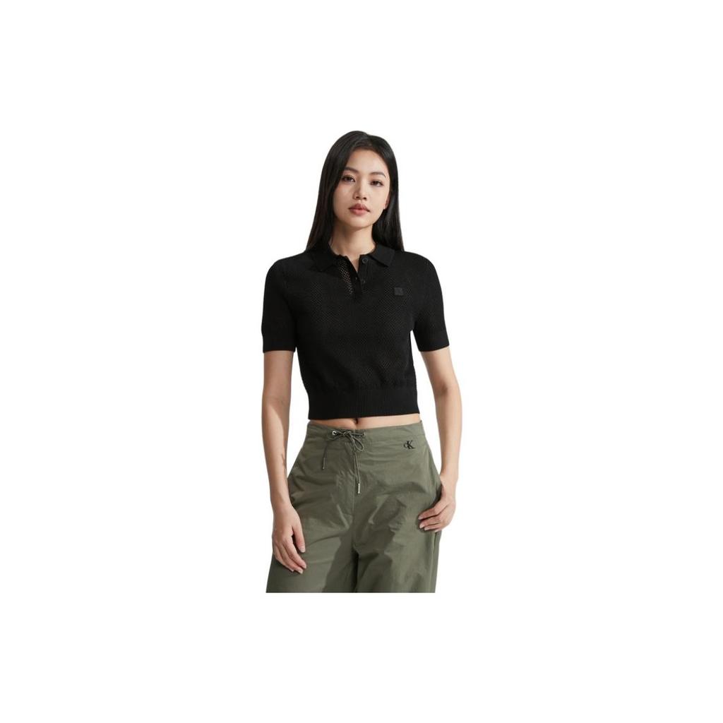 Calvin Klein Minimalist Square Logo Grid Polo Short Sleeve Knit Top Women Tops Space-Black J222971-BEH