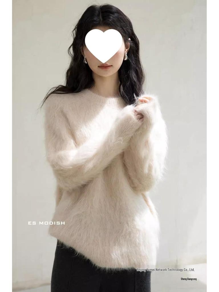 Soft Mink Cashmere Pullover Sweater - Women's Autumn/Winter Cozy Style Milk Knitted Cardigan Thickened Top