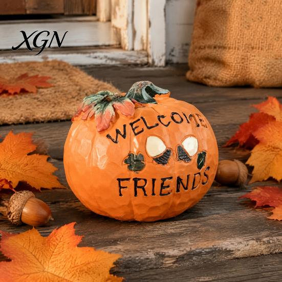 Halloween Harvest Table Decor Pumpkin Figurine, Resin Welcome Ornament, Autumn Thanksgiving Rustic Home Tabletop Centerpiece for Entryway Patio, Cute
