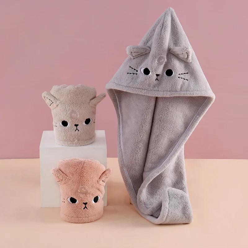 Cute Cat Microfiber Hair Towel Wrap Drying Towels Rapid Turban Funny Towel for Women Girls Curly Long Hair Bathroon Accessories