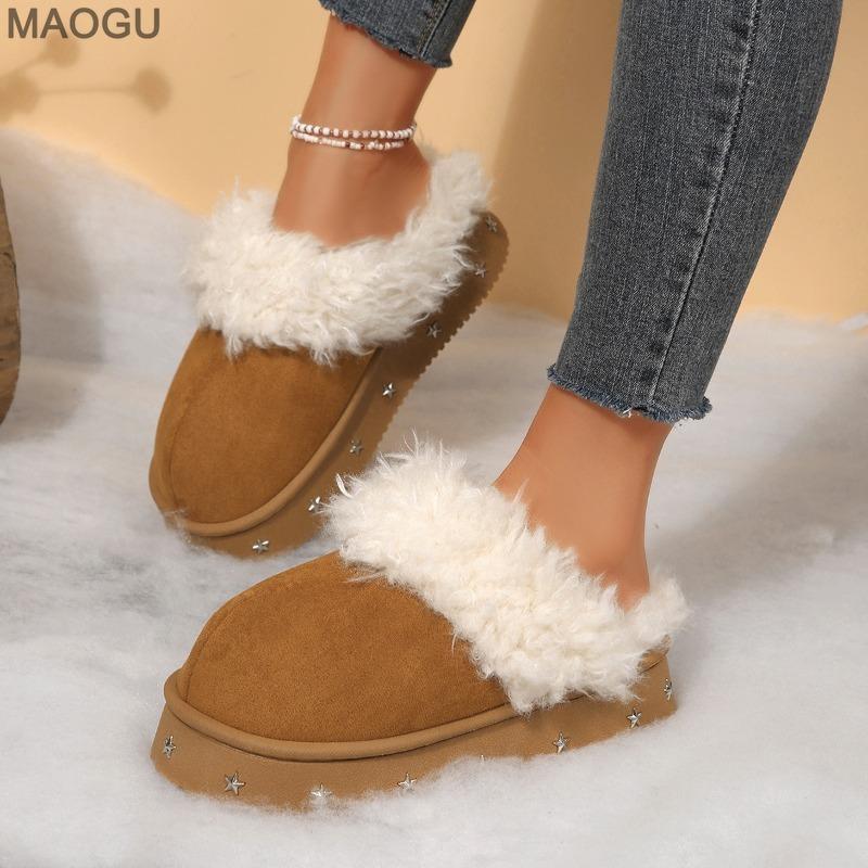 Women's Furry Cotton Slippers Star Decors Platform Sole Winter Warm Slip on Slides Cover Toe Outdoor Indoor Comfort House Shoes