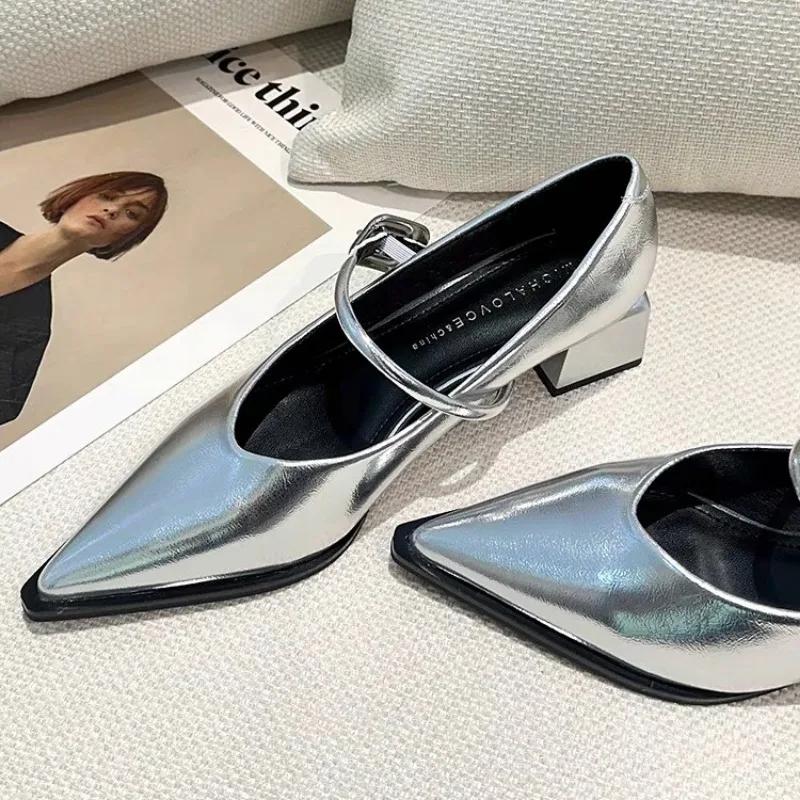 2024 Spring Style Pointed Toe Versatile Style Single Shoes Square Heel Women's Shoes Medium Professional Dress French High Heels