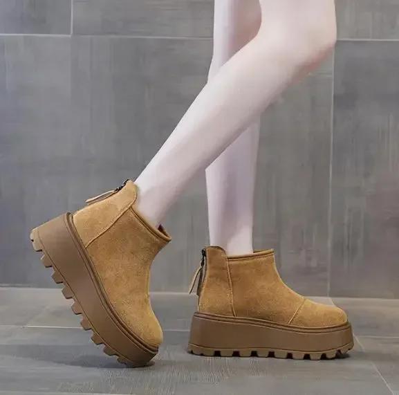 8,5CM Wildleder Kuh Echtleder Mode Damen Stiefeletten Plateau Keil Winter Plüsch 2025 Herbst Stiefel Frühling Schuhe Schaft