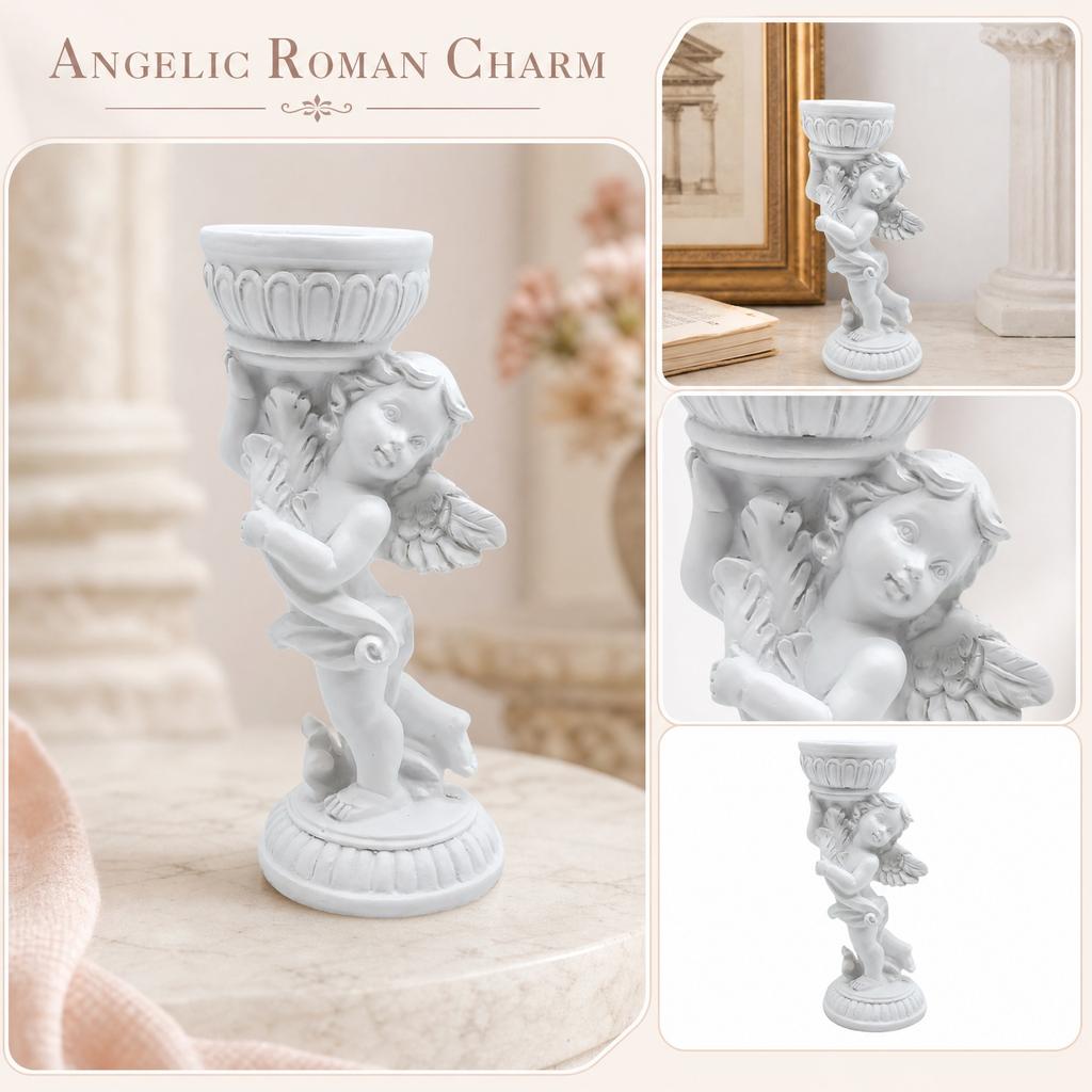 Resin Cherub Figurine Decorative Roman Column Sculpture Desktop Ornament Angel Winged Statue Home Office Accent Piece