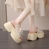 Fashion 8CM Women's Crystal Flower Platform Slides Bowtie Sandals Wedge High Heel Summer Crystal Beach Slippers Comfortable Lady Shoes
