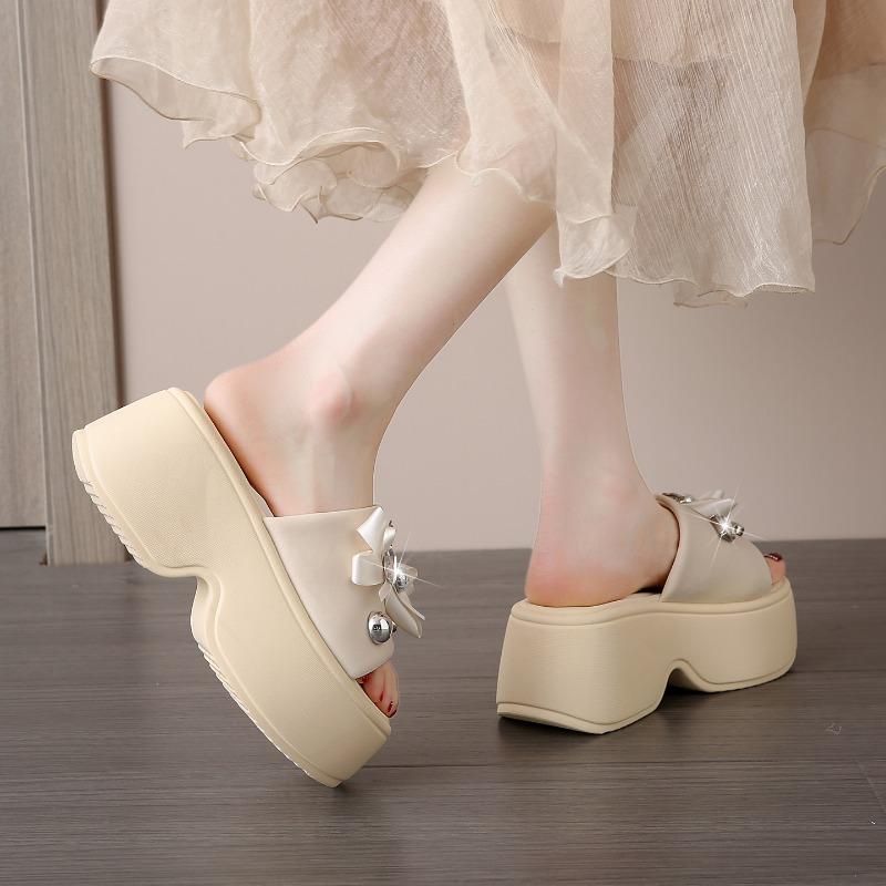 Fashion 8CM Women's Crystal Flower Platform Slides Bowtie Sandals Wedge High Heel Summer Crystal Beach Slippers Comfortable Lady Shoes