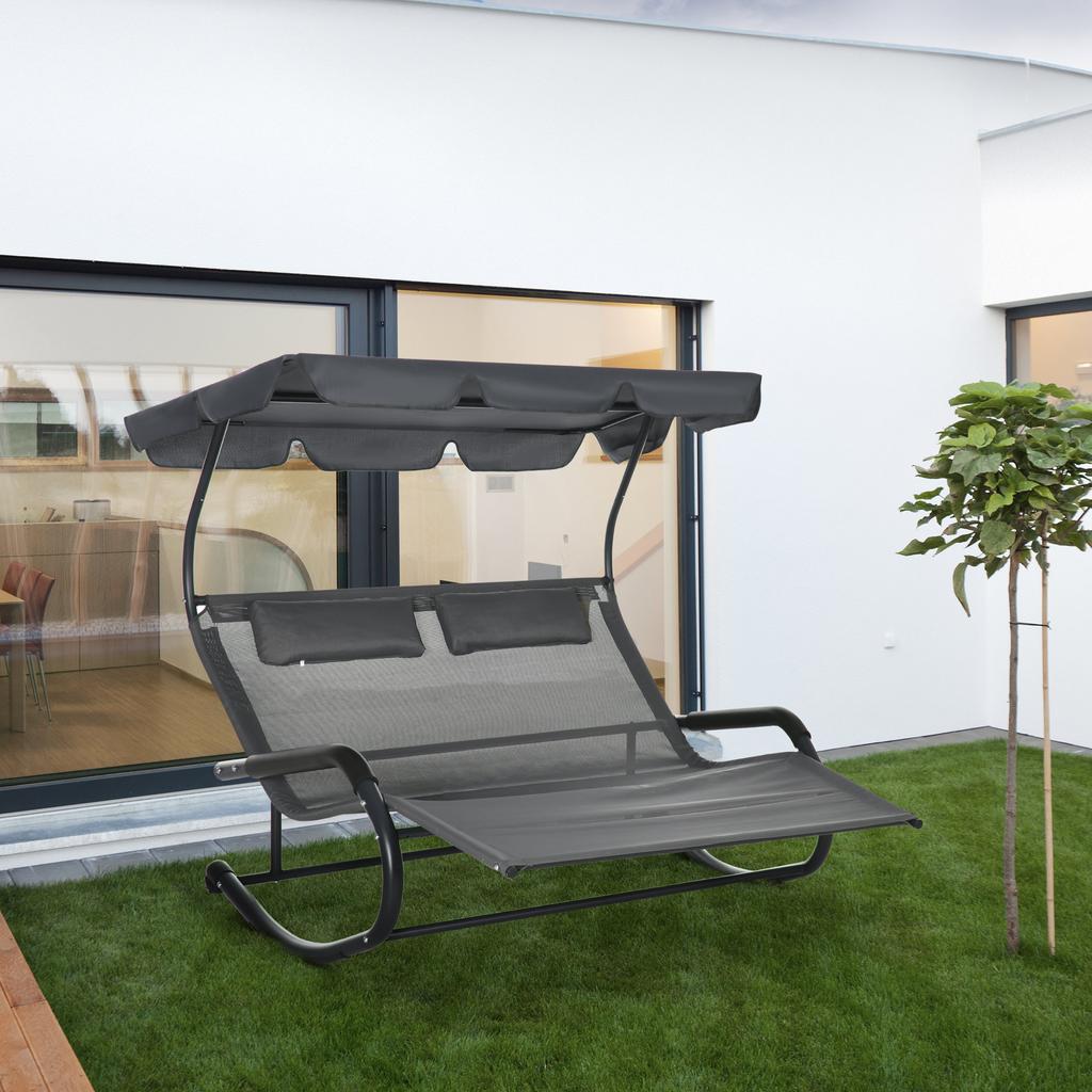 Double Sun Lounger for 2 People, Incl. Cushions and Canopy, 200 Cm X 139 Cm X 140 Cm. Dark Gray