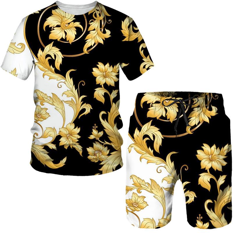 Vintege Baroque Style 3D Print Men's Tracksuit Fashion Golden Pattern T-Shirts/Shorts/Sets Hip Hop Male Streetwear Clothing Suit