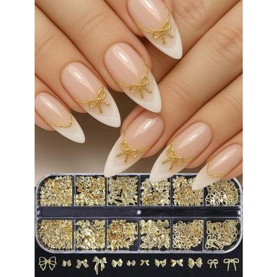 12 Fächer Goldband Schleife Metall Niedliche Nageldekoration Nagelanhänger Schleifendesign Gemischte Stile Nagel Schmuck Zubehör Nagelkunst Bedarf